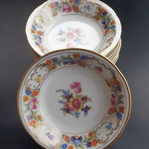 Dresden Flowers Bavaria Germany VTG 1940s Set of 6 Desert Bowls 5 1/8 Diameter - Picture 1 of 14